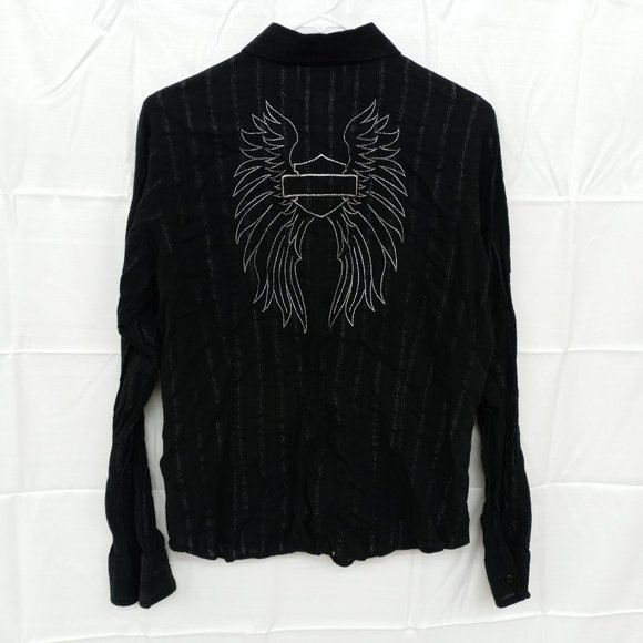 Harley Davidson Women's Button Shirt Black w/ Silver Thread Sheer Lightweight
